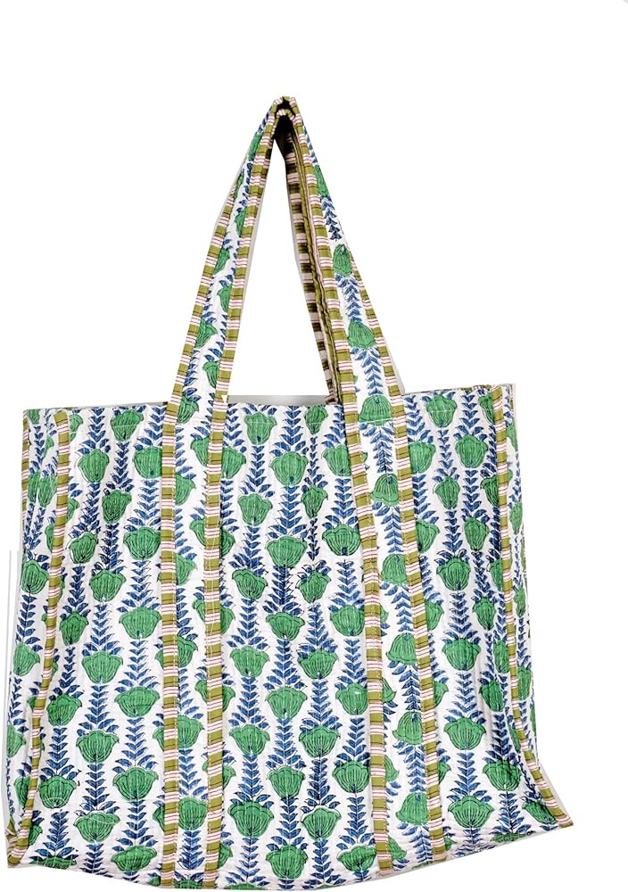 Quilted Cotton Handprinted Reversible Large multicolor Floral Tote Bag | Amazon (US)