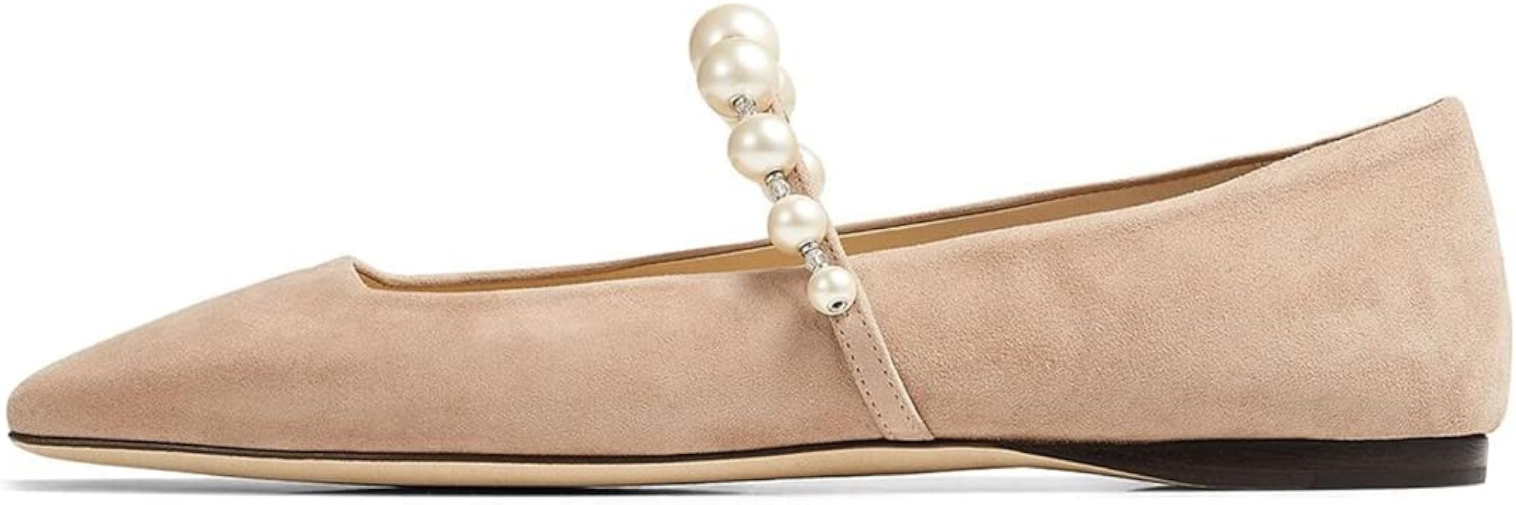 Amazon.com | FOWT Women Square Toe Slip on Flats Pearl Studded Strap Elegant Pumps Wedding Bride ... | Amazon (US)