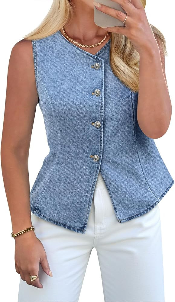 Tankaneo Womens Button Down Denim Vests Tops Sleeveless Fitted Jean Tank Tops Y2k Trendy Casual W... | Amazon (US)