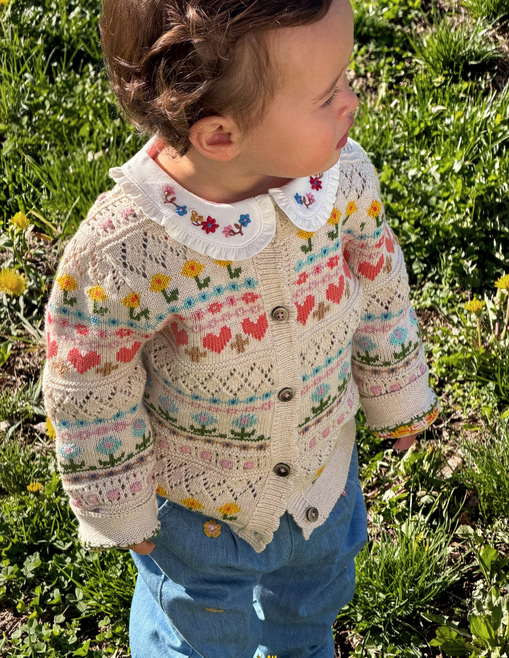Cotton Fair Isle Cardigan-Oatmeal Marl Multi Flowers | Boden (US)