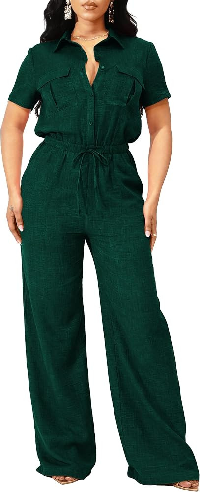 SxClub Jumpsuits for Women Dressy Elegant V Neck Long Straight Pant Outfits | Amazon (US)