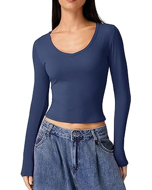 QINSEN Women Double Lined Fitted Basic T Shirts V Neck Long Sleeve Crop Top | Amazon (US)