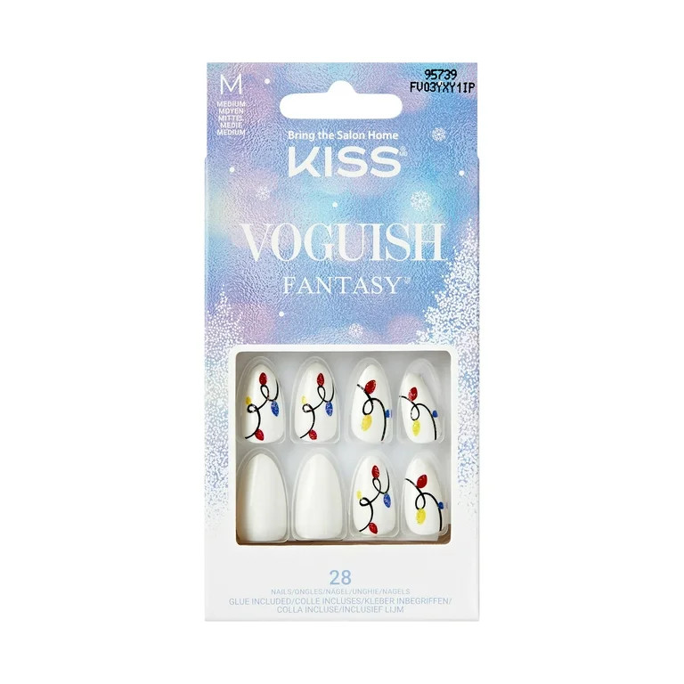 KISS Voguish Fantasy, Holiday Press on Nails, Wait a Minute, White, Medium Almond, 28 Count | Walmart (US)
