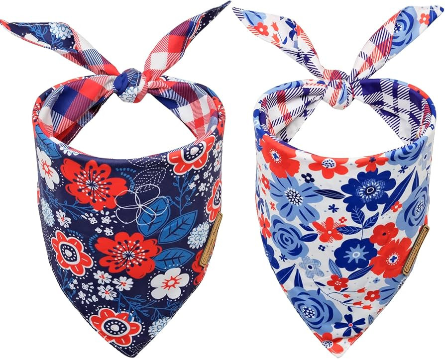 CROWNED BEAUTY 4th of July Patriotic Dog Bandanas Reversible Large 2 Pack, Floral Set, Adjustable... | Amazon (US)