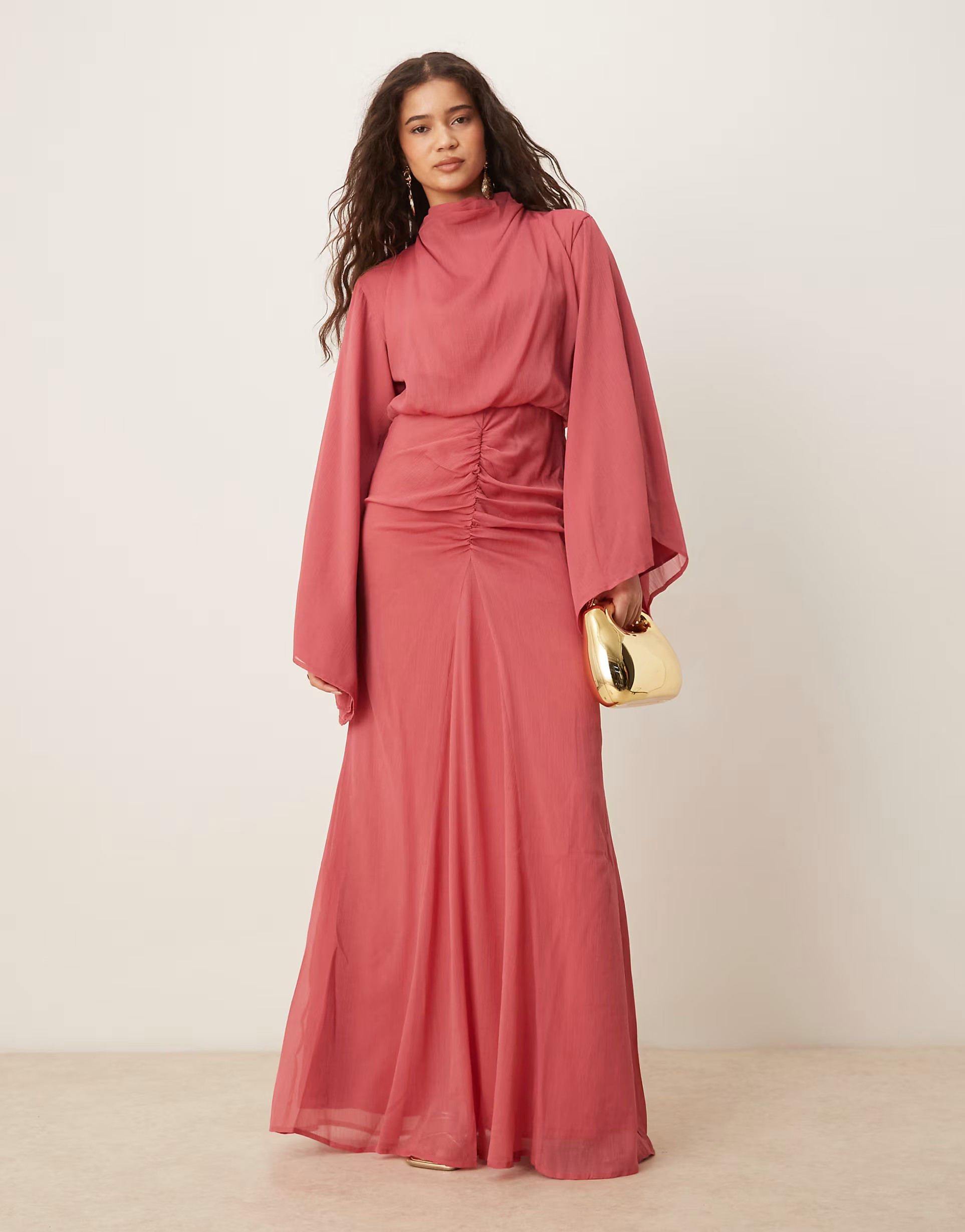 ASOS DESIGN volume sleeve maxi dress with ruched skirt in deep rose | ASOS | ASOS (Global)