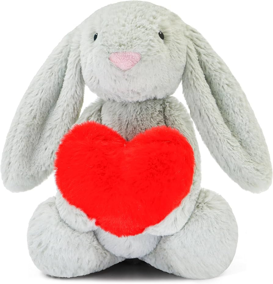 Gray Bunny Plush Toy Holding Heart – Soft and Fluffy Valentine's Day Stuffed Animal Gifts for K... | Amazon (US)