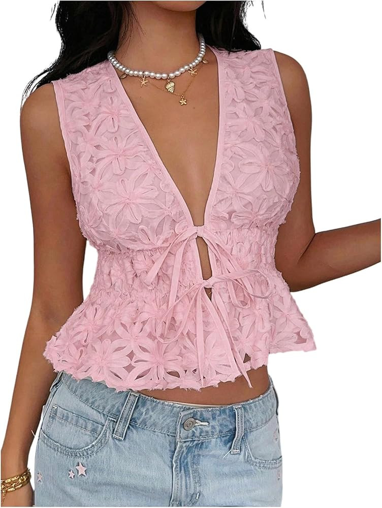 Feature: Floral appliques blouses for women, deep v neck, tie front, sleeveless, peplum tops, ruf... | Amazon (US)