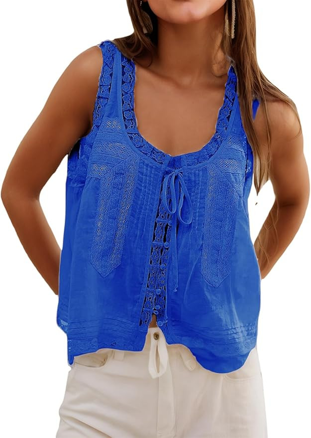 Women Summer Boho Tie Front Tops Lace Beach Button Down Tank Top Sleeveless Mesh Chiffon Crop Top... | Amazon (US)