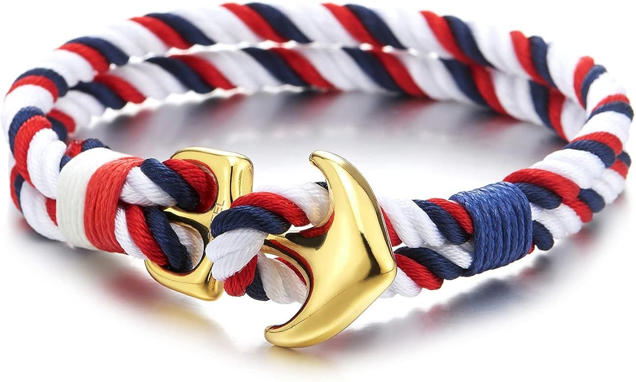 Steel Gold Anchor Two-Row Nautical Sailor Blue Red White Cotton Rope Braided Bracelet Wristband | Amazon (US)
