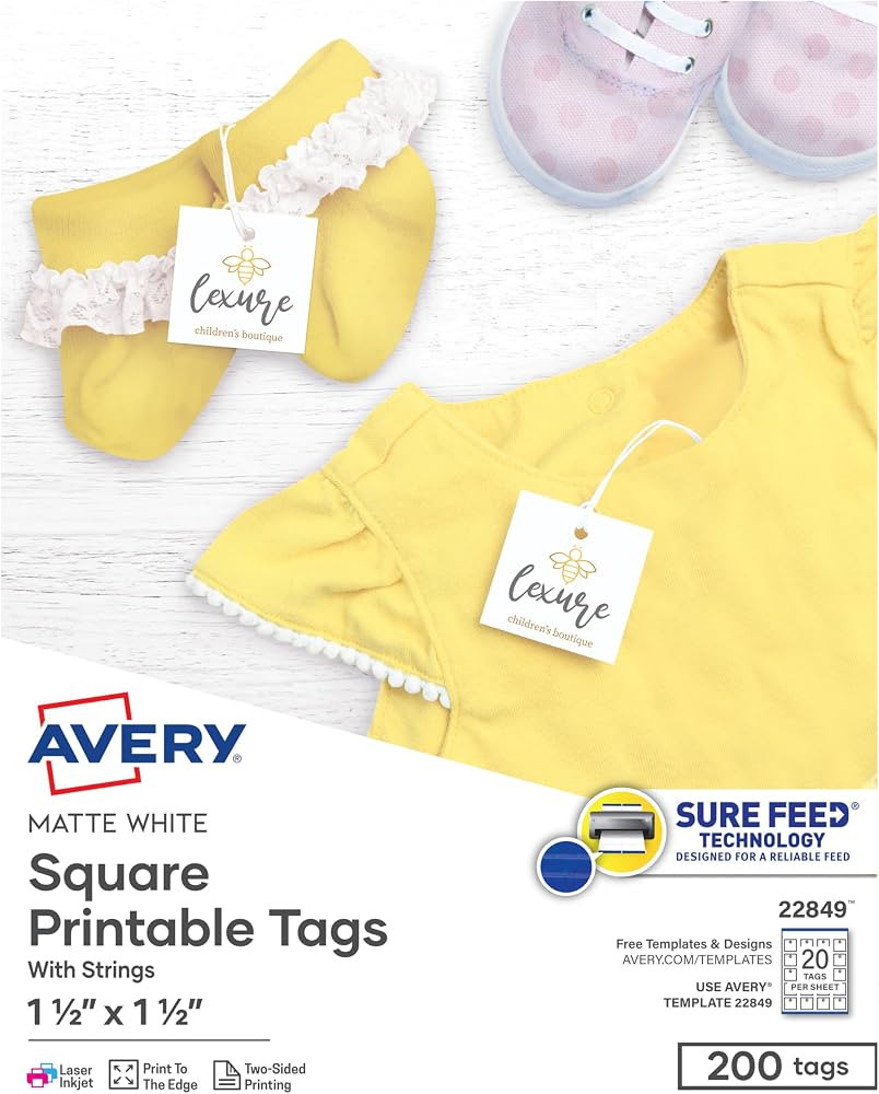 Avery Square Printable Tags, Sure Feed Technology, 1.5" x 1.5", White, Includes String, Laser/Ink... | Amazon (US)