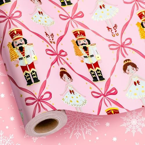 MAYPLUSS Pink Nutcracker Wrapping Paper, Pastel Girl Wrapping Paper, Reversible Girly Bow, Nutcra... | Amazon (US)