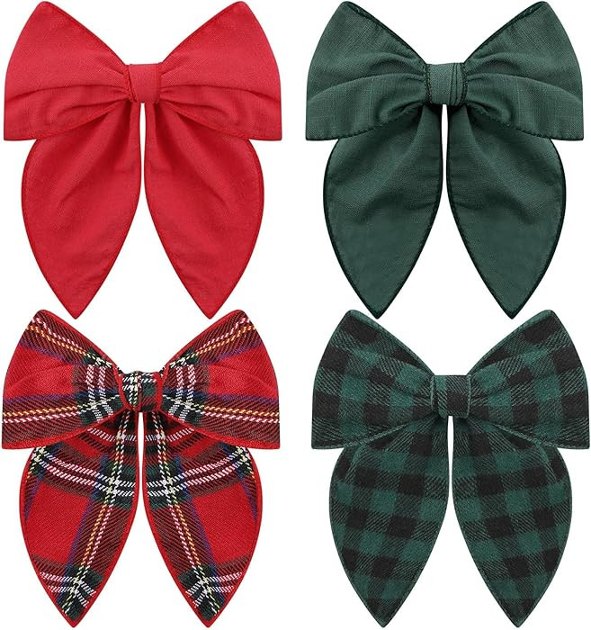 Large Christmas Hair Bows, 4 Pcs Red Green Plaid Fable Hair Bows Cotton Christmas Hair Accessorie... | Amazon (US)