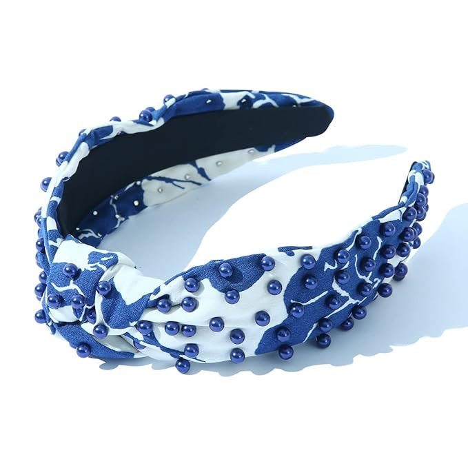 CULHEITE Knotted Headband for Women Glitter Rhinestone Blue Pearl Floral Pattern Hair Bands Fashi... | Amazon (US)