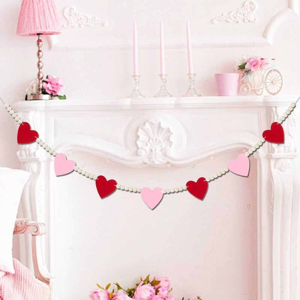 Valentines Day Mantel Decor - Red Pink Felt Heart Wooden Beads Garland Valentines Banner for Fire... | Amazon (US)
