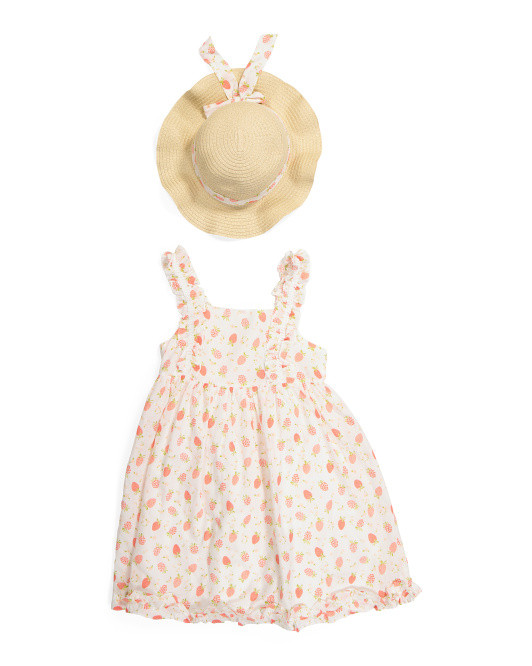 Girls Ruffle Strap Printed Dress With Ruffle Hem And Hat | TJ Maxx