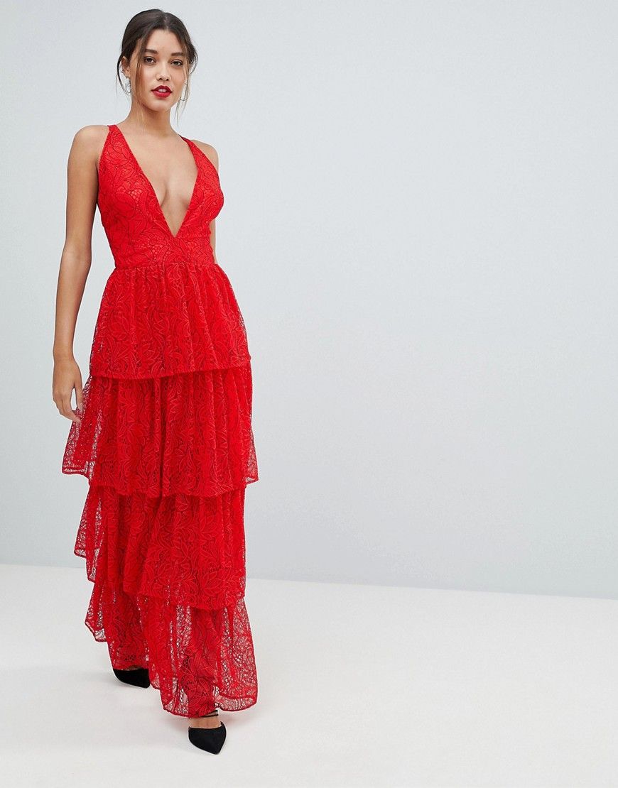 Missguided Tiered Lace Maxi Dress - Red | ASOS US