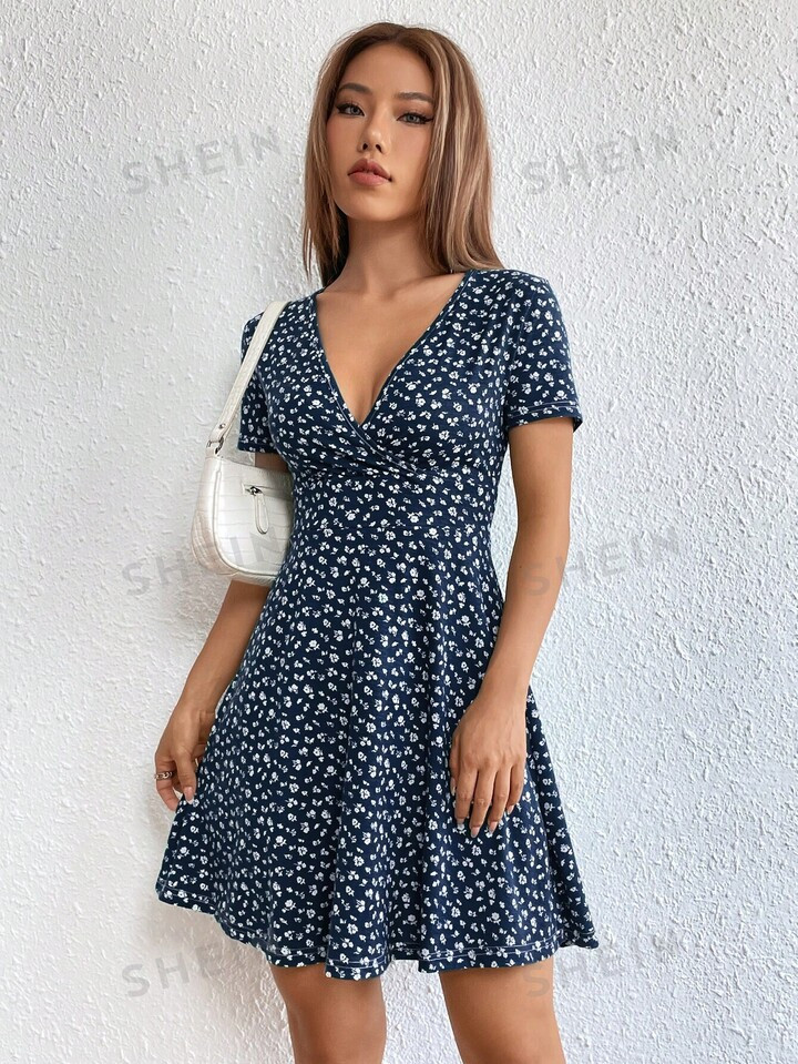 SHEIN EZwear Women Spring/Summer Elegant Wrap Heart Polka Dot Print V-Neck Short Sleeve Dress | S... | SHEIN