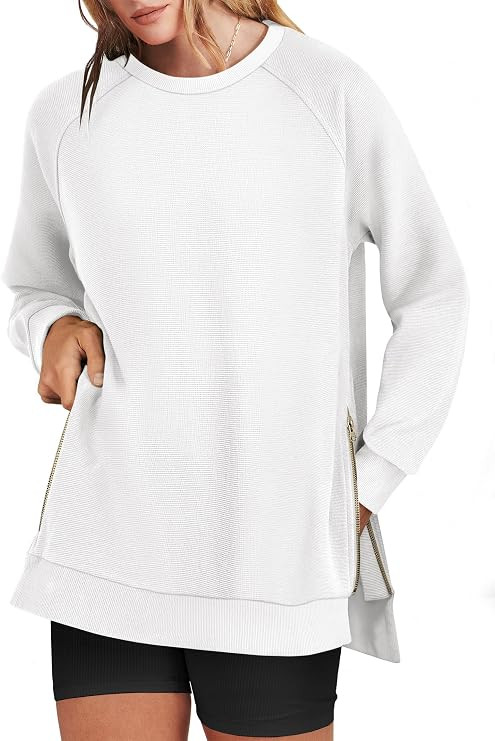 ANRABESS Women's Oversized Crewneck Tunic Sweatshirt | Side Zipper Split Hem Pullover Tops, Loose... | Amazon (US)