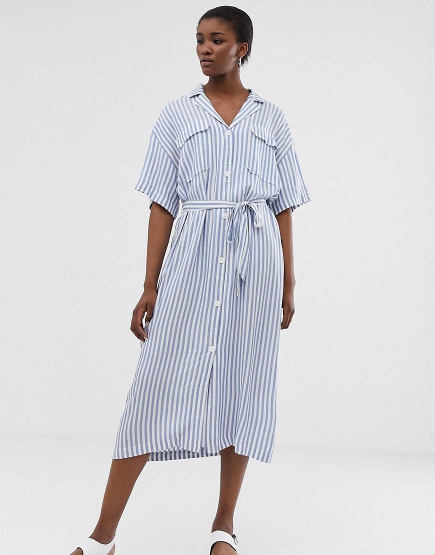Weekday tie waist midi dress in light blue and white stripes | ASOS (Global)