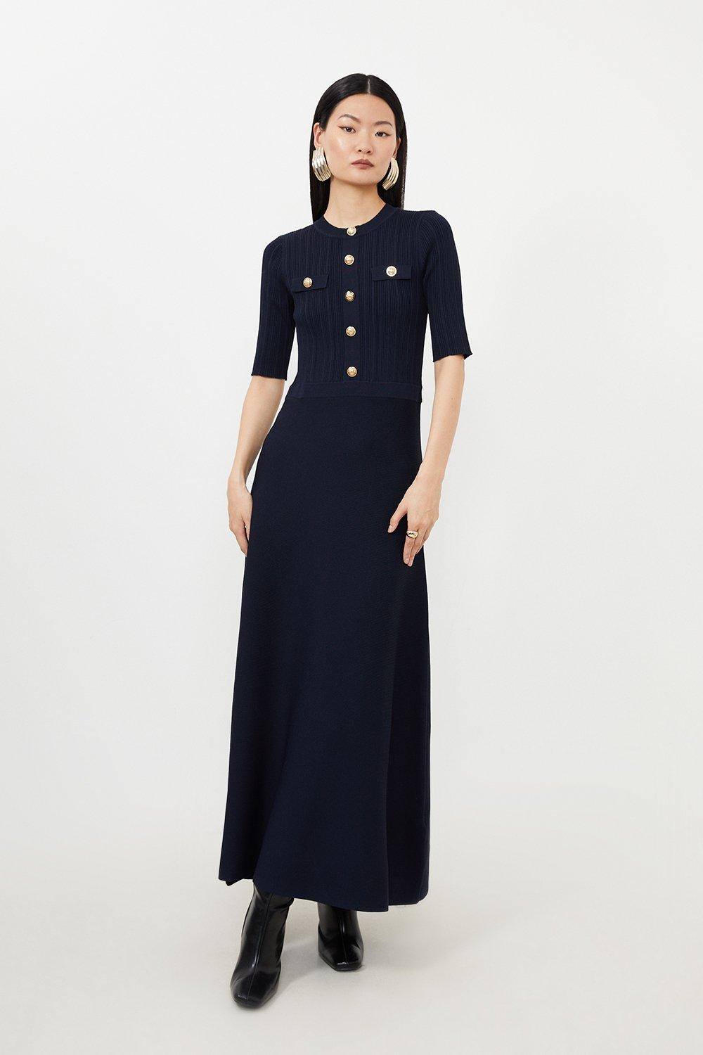Viscose Blend Rib Knit Military Half Sleeve Midaxi Dress | Karen Millen UK + IE + DE + NL