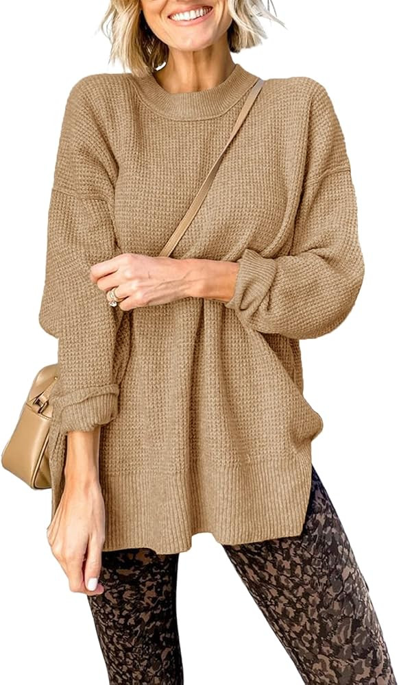 Zbyclub Womens Casual Crew Neck Waffle Knit Tunic Sweater Side Split Long Sleeve Pullover Sweaters B | Amazon (US)