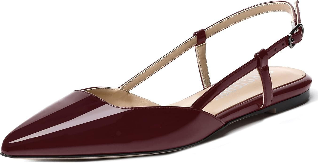 SKYSTERRY Women's Pointed Toe Slingback Casual Patent Buckle Flats Pumps Office Dress Shoes | Amazon (US)