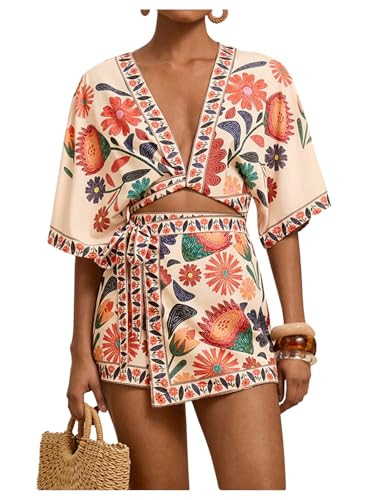 Women's 2 Piece Outfits Half Sleeve Crop Blouses and Wrap Skirts Set Boho Beach Vacation Clothes | Amazon (US)