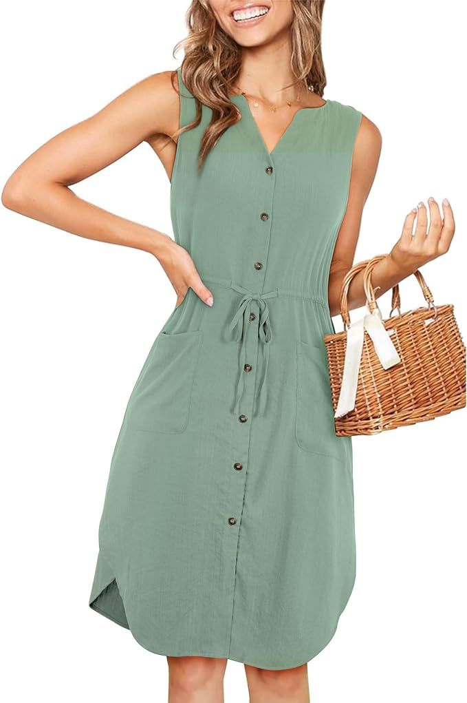 KILIG Women's Summer V Neck Sleeveless Button Down Elastic Casual Dress with Pockets | Amazon (US)