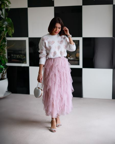 Pink Heart Knit Sweater Pink Tulle Midi Skirt Heart Shape Clutch Silver Valentine’s Outfit Cute Outfit Date Night Outfit Petite Outfit

#LTKover40 #LTKstyletip #LTKeurope