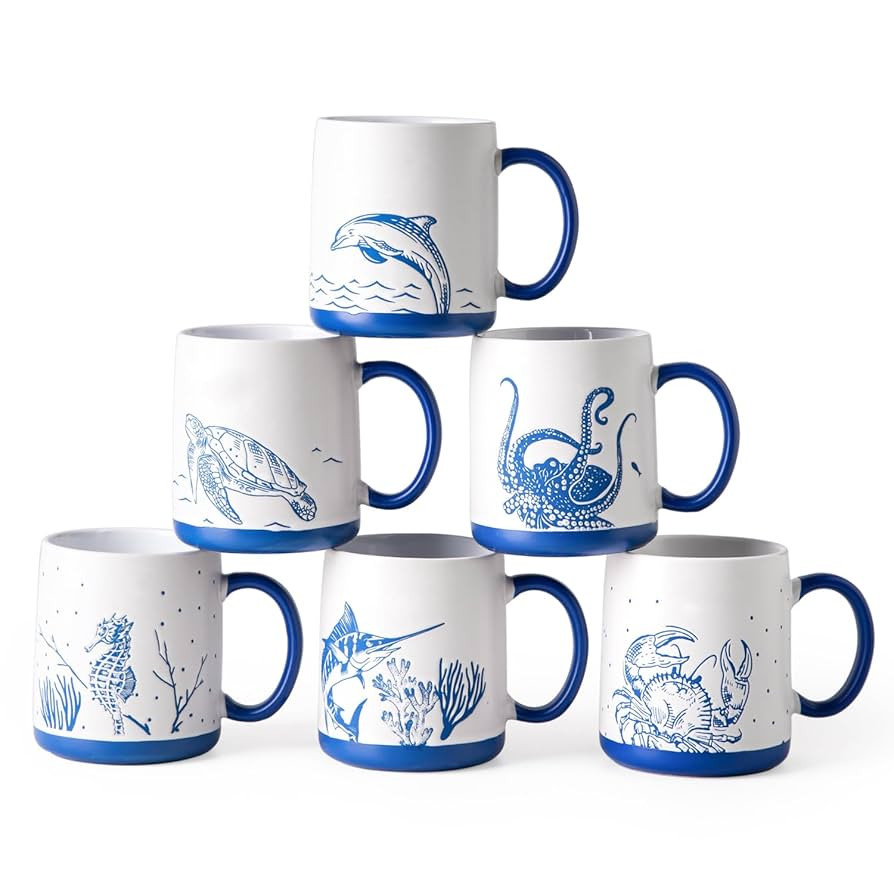 AmorArc Large Coffee Mugs Set of 6, 18oz Ceramic Coffee Cups with Sea Life Textured Patterns for ... | Amazon (US)