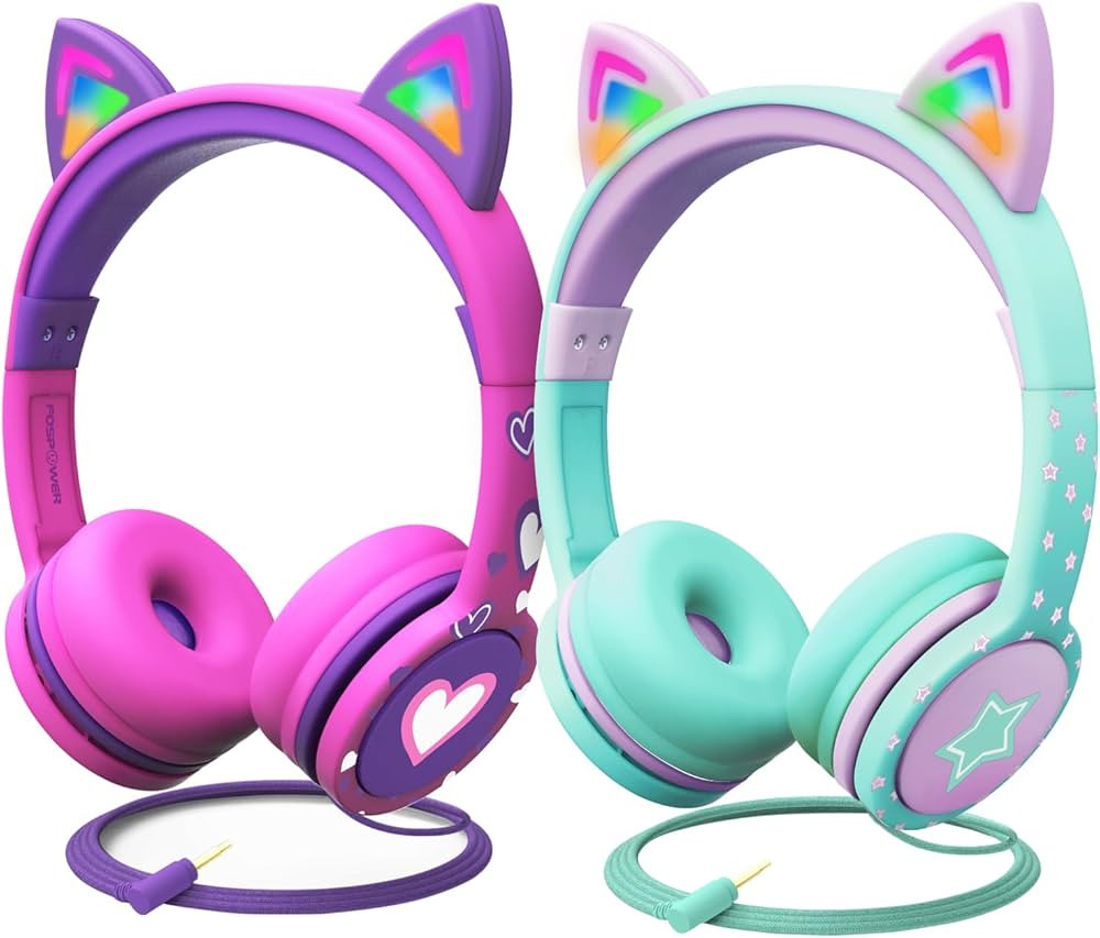 FosPower Kids Headphones (2Pack) with LED Cat Ears (Safe Volume Limit 85 dB), 3.5mm On-Ear Wired ... | Amazon (US)