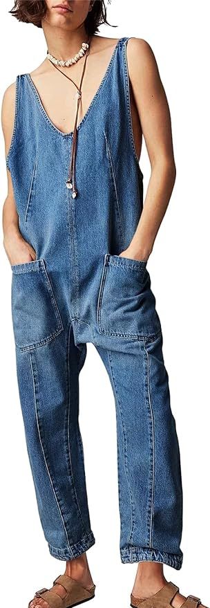 PLNOTME Women's Denim Overall Jumpsuits Sleeveless V Neck Adjustable Straps Jeans Long Pants Romp... | Amazon (US)