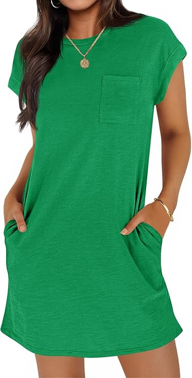 Wenrine Women's Summer T Shirt Dress Casual Short Sleeve Crewneck Loose Fit Mini Dresses with Poc... | Amazon (US)