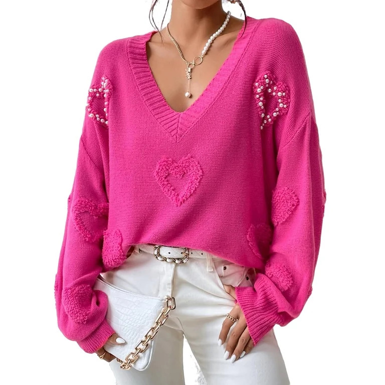 Casual Heart V neck Pullovers Long Sleeve Hot Pink Women's Sweaters (Women's) | Walmart (US)