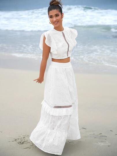 Eyelet Embroidery Hollow Out Butterfly Sleeve Crop Top & Layered Hem Skirt | SHEIN