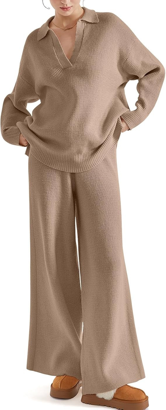 SUUKSESS Women 2 piece Fall outfits Matching Lounge Set Waffle Knit Sweater sets | Amazon (US)