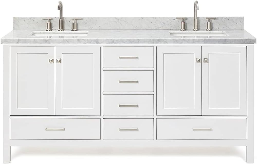ARIEL 73" White Double Vanity with 1.5" Edge Italian Carrara Marble Countertop & Splash, Rectangu... | Amazon (US)