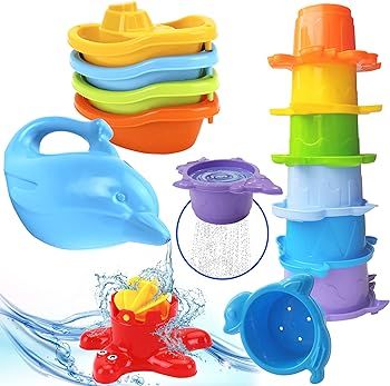 TECHNOK Baby Bath Toys for Toddlers - 12 pcs Rainbow Stacking Cups Baby Toy with Bath Boats Train... | Amazon (US)