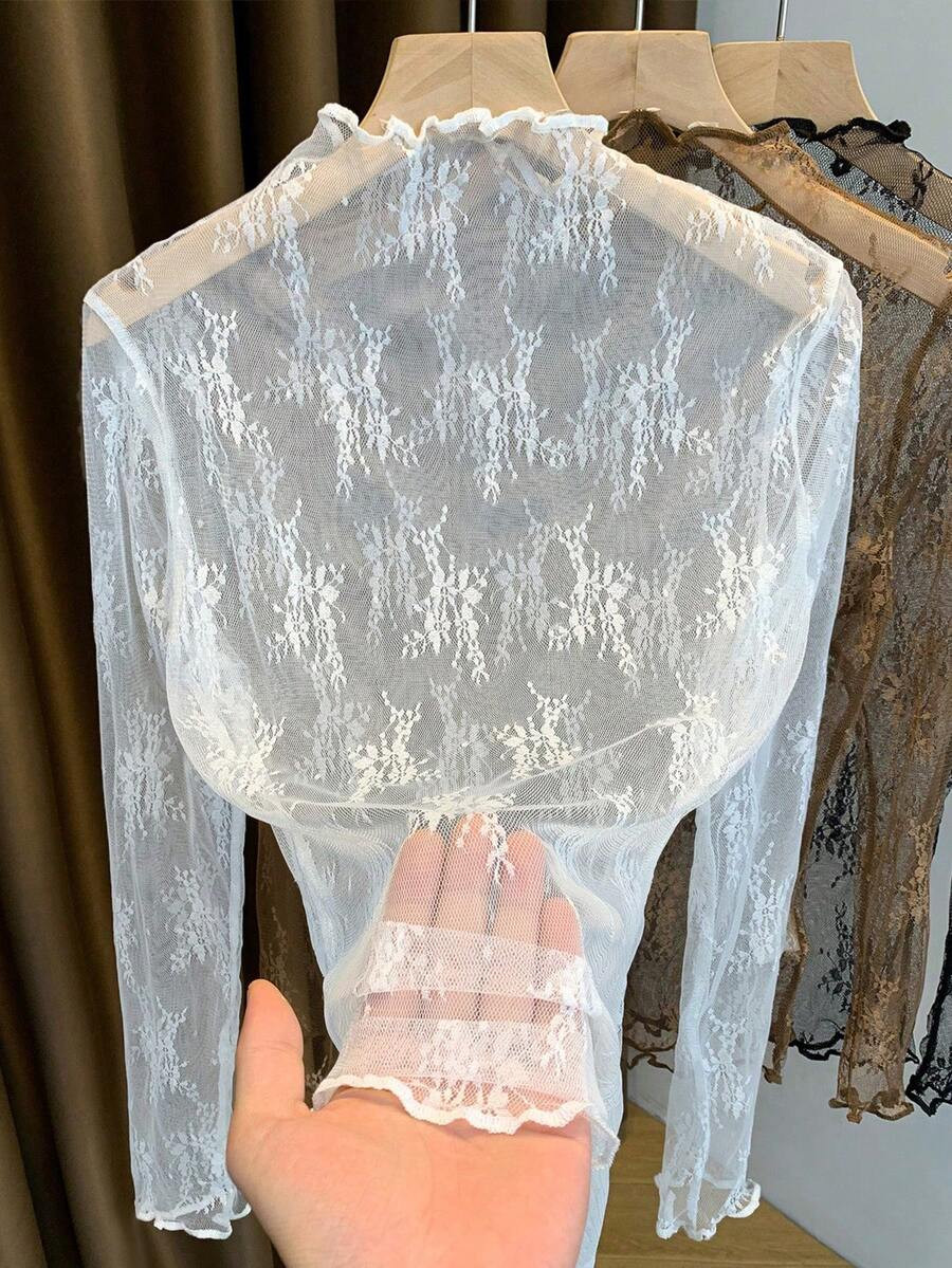 2025 New Lace Mock Neck Layering Sheer Mesh Long Sleeve Undershirt For Women, Spring/Summer/Autum... | SHEIN