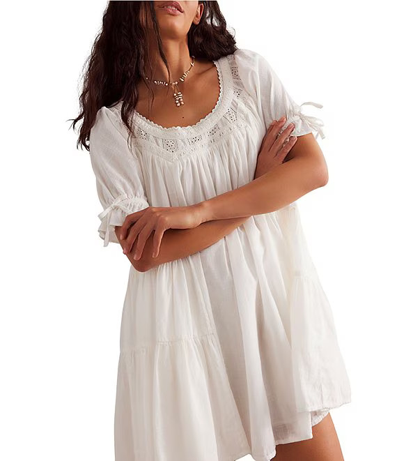Free People Sandy Shores Scoop Neck Short Puff Sleeve Tiered Babydoll Mini Dress | Dillard's | Dillard's