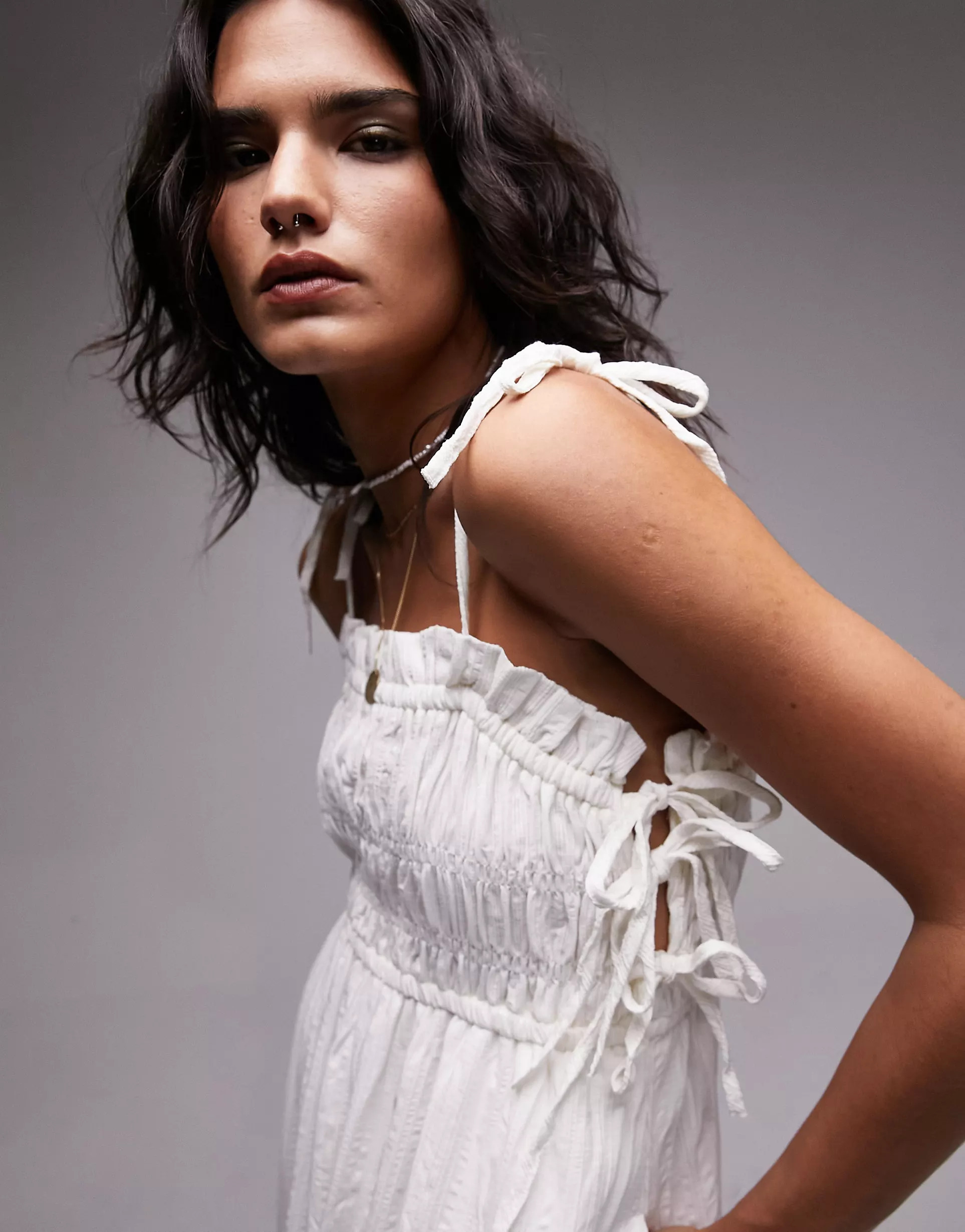 Topshop ruched tie strap textured pinny in ivory | ASOS (Global)