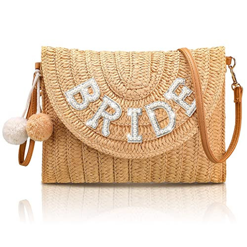Pinkunn Bride Straw Shoulder Bag For Women Straw Clutch Bag Pearl Rhinestone Wedding Summer Beach Vacation Bridal Shower Gift (Bride Style) | Amazon (US)