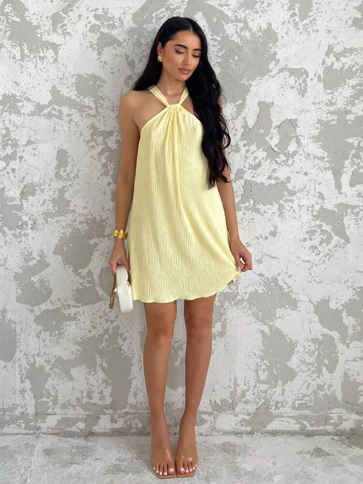 Glamine Women's Yellow Halter Sleeveless Dress, Pleated Soft Mini Skirt, Women Short Dresses Summer,Summer Outfits For Women,Vestidos Elegantes De Mujer,Summer Dresses For Women,Vacation Outfits Woman,Graduation Dress | SHEIN