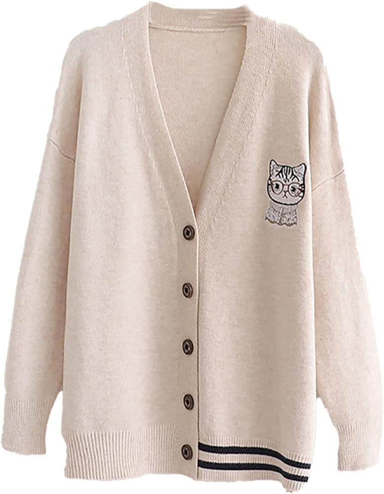 CORIRESHA Women's Cute Cat Embroidered Cardigan Sweater Panel Striped Knit Coat | Amazon (US)