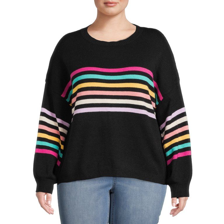 Dreamers by Debut Women's Plus Size Rainbow Striped Sweater with Puff Sleeves | Walmart (US)