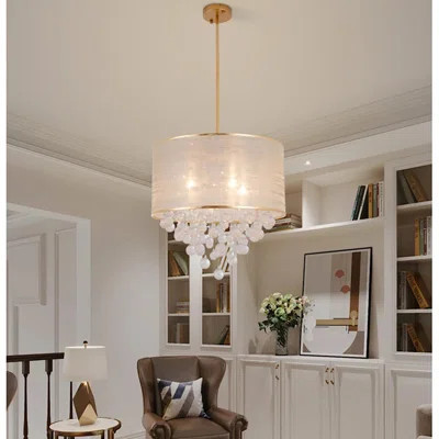 Ceiling Light 21" Pendant Round Gold Fabric Cloth Shade 4 Lamp Crystal Teardrops Balls | Wayfair North America