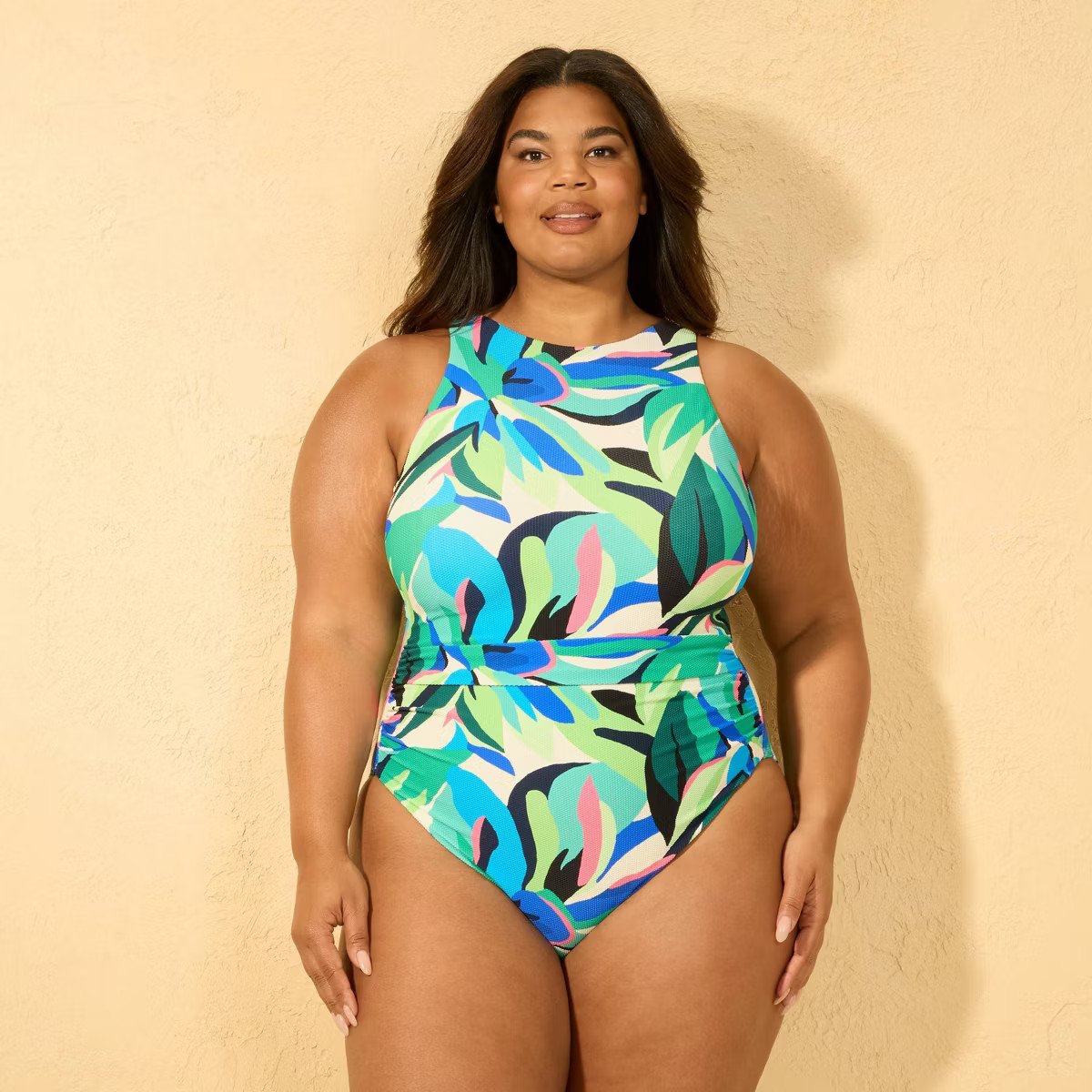 Women's Tropical Pique High Neck Full Coverage One Piece Swimsuit - Shade & Shore™ Multi | Target
