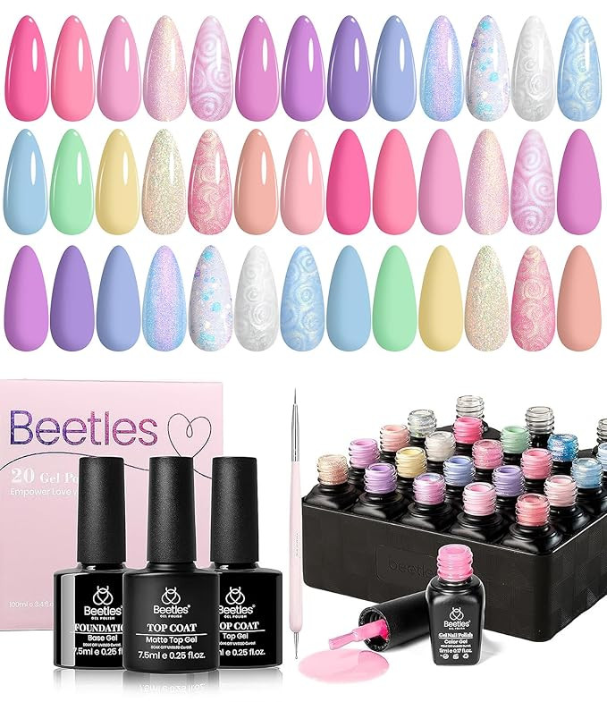 Beetles Summer Gel Nail Polish Set,24Pcs Pink Purple Pearl Pastel Blue Shimmer Chameleon Green Co... | Amazon (US)