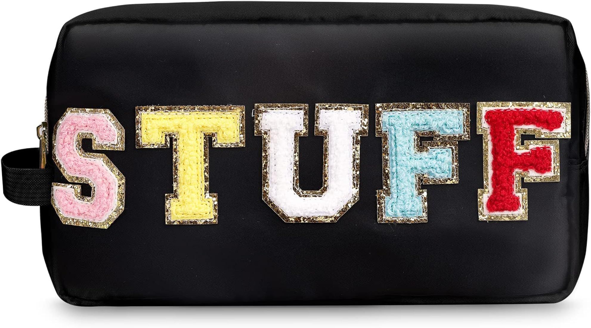Preppy Nylon Cosmetic Bag Stuff Pouch for Women Girls, Portable Makeup Bag with Chenille Letter Patc | Amazon (US)