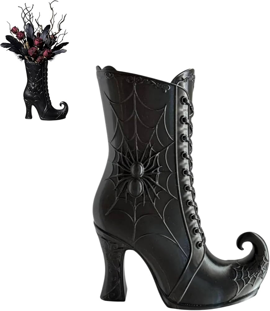 Halloween Witch Boot Vase, Gothic Halloween Table Centerpieces with Black Spider Webs and Curled-... | Amazon (US)